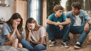 A mother sitting and comforting her teen daughter on the left and a father sitting next to his son comforting him on the right