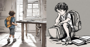 School-aged boy wearing a backpack leaving his home on the left and on the right is the same boy, digging through his backpack at school and noticed he did not bring his homework with him