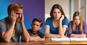 A father and son sitting at a table and the father has his hands holding his head, on the left. On the right, is a mother and daughter sitting at a table both looking forward with frustrated looks on their face.